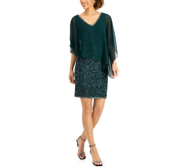 J Kara Dresses & Skirts - JKara Green Cocktail Dress Sequined Chiffon Caped V-Neck Mini Sheath Size 6